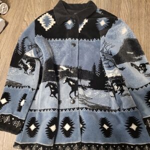 Women's Blue and Black Patterned Puffer Jacket
